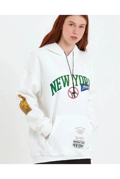 Generic Brand Women's Printed Hooded Three-Thread Cotton Thread Sweatshirt - White