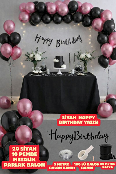 Baloncu Nene Black Pink Metallic Balloon Set with Happy Birthday Written, 30 ...