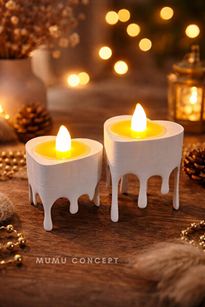 Mumu Eriyen Kalp Efektli Dekoratif Led Mumluk - 2'li Set - Hediyelik Masaüstü...