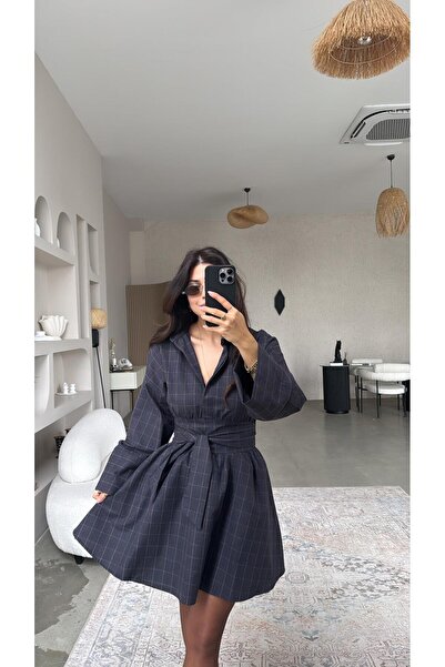 Buket Teke Rochie din bumbac în carouri bleumarin, cu legături, în culoarea b...