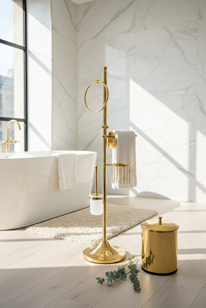 ozbience Gold Renk Banyo Seti, Fırçalık, Havluluk, Kova ve Tuvalet Kağıtlık