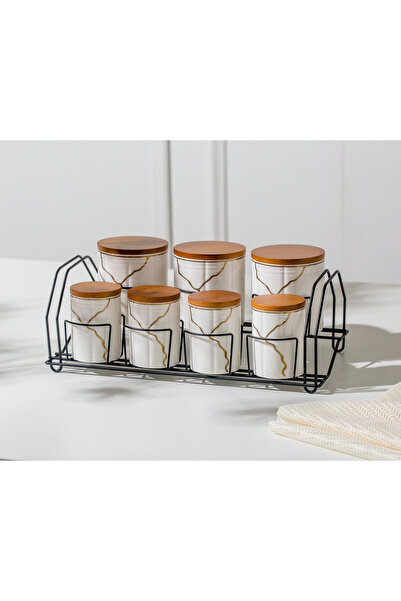 Malooki Set of 7 porcelain storage containers with wooden lids and metal stan...