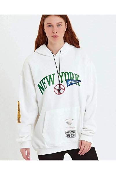 ASSEMA سويت شيرت نسائي مطبوع بغطاء رأس بثلاثة خيوط و قطن أكمام - أبيض