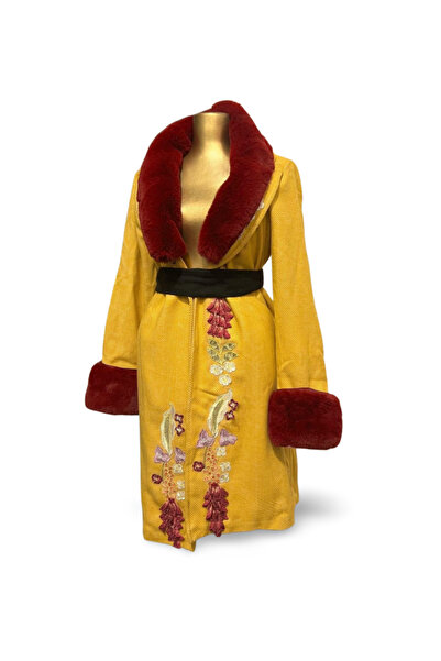 MDY-marketplace Yellow floral coat with faux fur