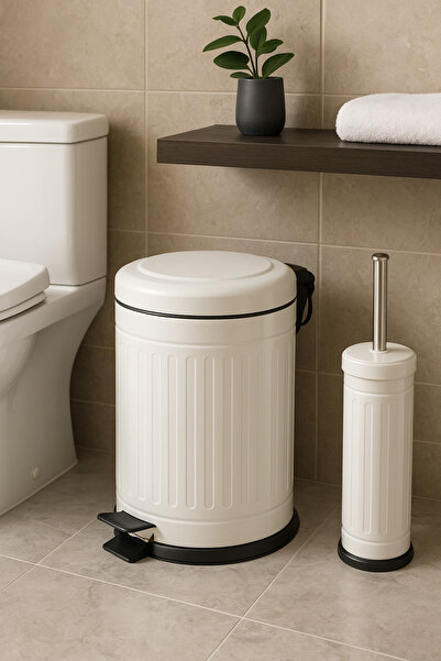 ozbience Şık Çizgili Beyaz 2'li Çöp Kovası ve WC Fırçası Seti 5L