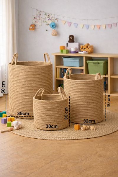 OLİDYA 3’lü Jüt Halat Sepet Seti | Büyük Boy Oyuncak & Çamaşır Sepeti | Dekor...