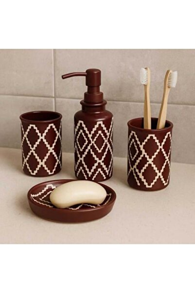 Generic Ceramic Bathroom Accessories Set with Geometric Pattern (4 Pieces)