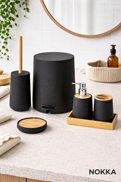 ozbience 6 Parça Bambu Detaylı Akrilik Banyo Seti, Pedallı Kova ve Sabunluk