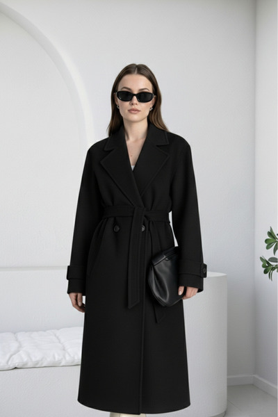 gm giyimarket Palton de damă, cu talie, până la genunchi, cu buzunare