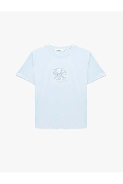 Koton Γυναικείο μπλουζάκι με στάμπα κοχυλιών σε μπλε χρώμα 6SAK50054EK