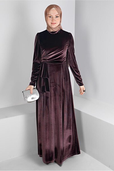 TRENDTESETTÜR KADIN KAHVE KADİFE ABİYE ELBİSE T 50281