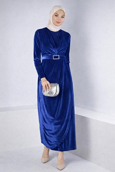 TRENDTESETTÜR KADIN LACİVERT (SAKS) KEMERLİ KADİFE ABİYE ELBİSE T 50282