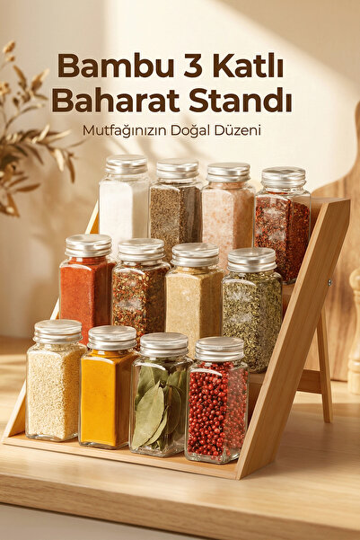 ozbience Bambu 3 Katlı Katlanır Ayaklı Baharatlık ve Organizer Standı
