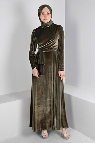 TRENDTESETTÜR KADIN HAKİ KADİFE ABİYE ELBİSE T 50281