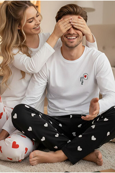 Siyah İnci ΑΝΔΡΙΚΟ πλεκτό σετ πιτζάμες με μαύρο και άσπρο σχέδιο καρδιάς και ...