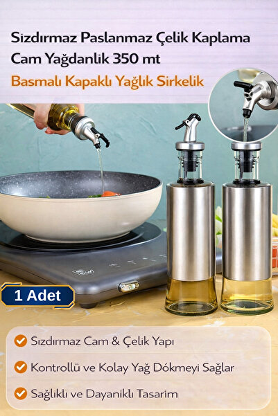 Hane Dostu Sızdırmaz Paslanmaz Çelik Kaplama Cam Yağdanlık 350 ml Basmalı Kap...