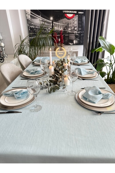 Decamor home Linen Textured Cloud Blue Tablecloth (Napkins Not Included)