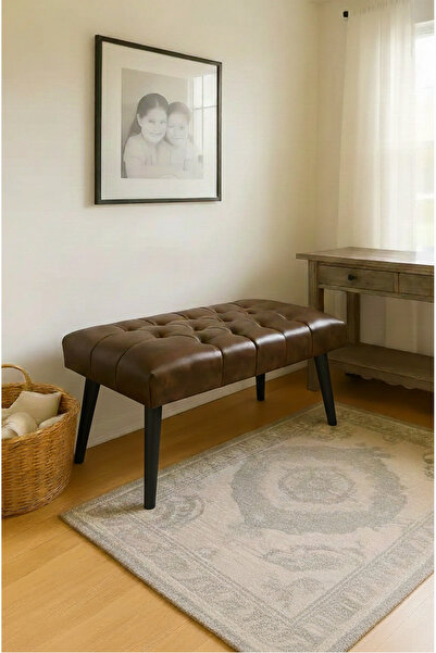 WATERYBROOK Bench Bank Puf - Suni Deri - Siyah Ahşap Ayaklı - Retro Modern Ta...