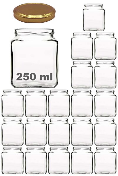 ozbience 250 ml Transparent Square Jar, 20 Pieces, Metal Gold Lid, Stylish an...