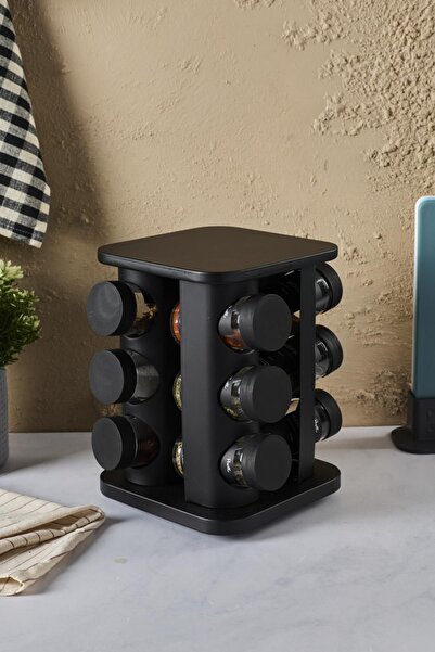 ozbience Siyah Döner Standlı Kare Cam Baharatlık Seti 12'li Kapaklı