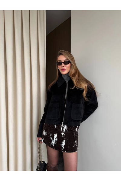 Laluvia جاكيت من جلد الغزال الأسود بسحّاب - 00664