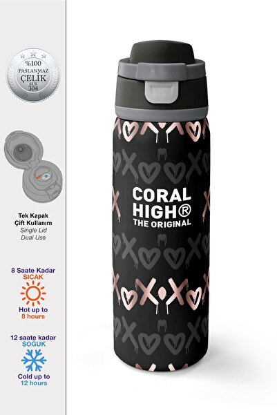 Coral High Black Powder Patterned Steel Thermos with Straw and Direct Drinkin...