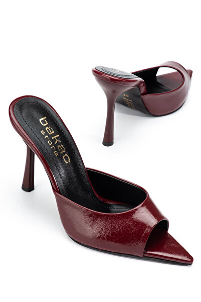 bakacstore Kadın Bordo Sivri Burun Kırışık Rugan Topuklu Terlik