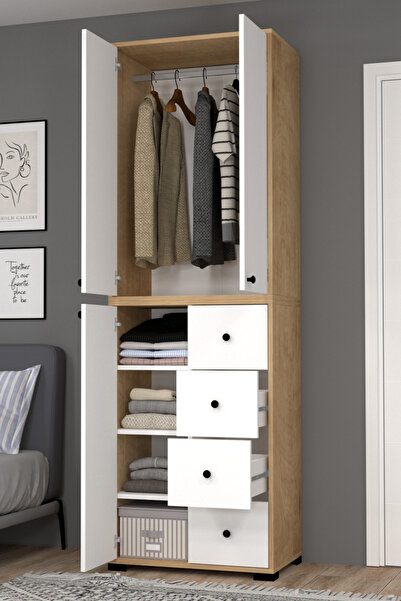 MOBİLİQUE Bükreş No.2 Askılı 4 Çekmeceli 3 Raflı Gardırop Safir-Beyaz