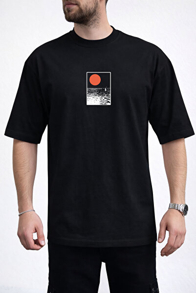 caddekombin Tricou negru pentru bărbați cu design Soare în creștere și valuri...