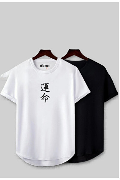 ALCİNOUS Black and White Japanese Destiny Printed Slim Fit Tshirt Set of 2 Bl...
