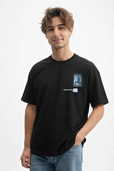 caddekombin Tricou negru pentru bărbați, cu design special imprimat, 100% bum...