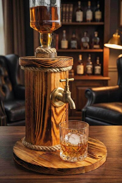 MiniVagon Doğal Ahşap Tekli Viski Çeşmesi Musluklu İçki Standı Dekoratif Sunu...