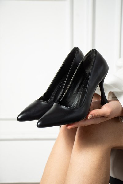 l lugshoes ayakkabı Black Leather Women's Heeled Shoes Stiletto Comfortable for Special Occasions and Daily Use Mp01