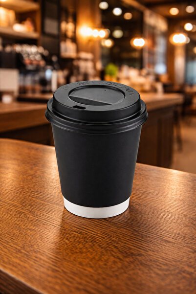 Ambalaj Evi Siyah Double Wall Karton Bardak 50 Adet Kapaklı Bardak 8 Oz