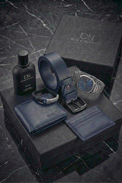 Duke Nickle Erkek Gümüş Kol Saati Lacivert Kemer Cüzdan Kartlık Bileklik Parf...