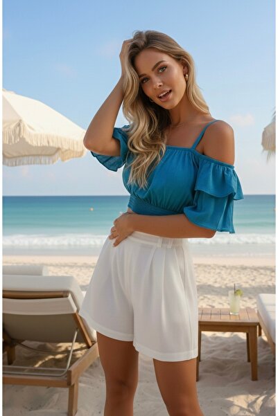 Polologin Butik Ruffle Detailed Crop Turquoise Blue Viscose Fabric