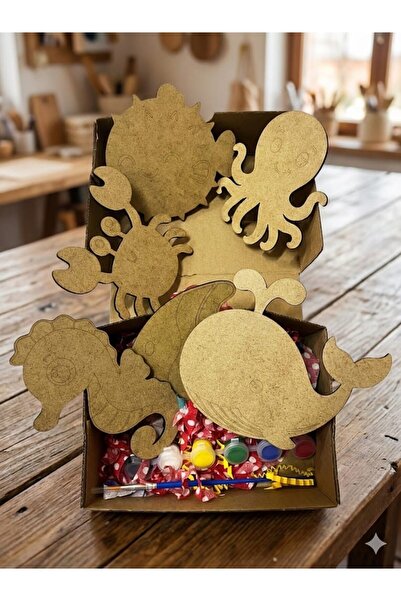 Dört Beceri Dükkân Deniz Hayvanları Ahşap Boyama Seti - 6 Figür + 6 Renk Boya...