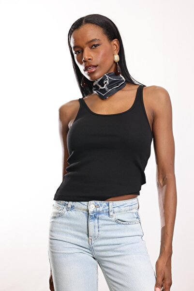 5in1Canpolat Black Ribbed Thin Strap Tank Top 24113