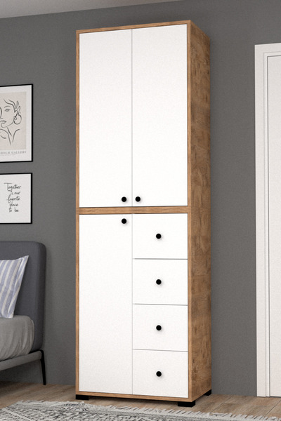 MOBİLİQUE Bükreş No.2 Askılı 4 Çekmeceli 3 Raflı Gardırop Çam-Beyaz