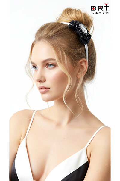 drt tasarım Handmade Design Black Ribbon White Stone Crown