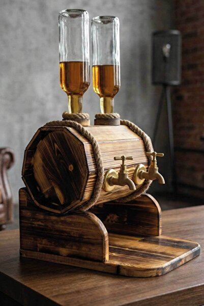 MiniVagon Doğal Ahşap Viski Çeşmesi Çift Musluklu Fıçı Standı Dekoratif İçki ...