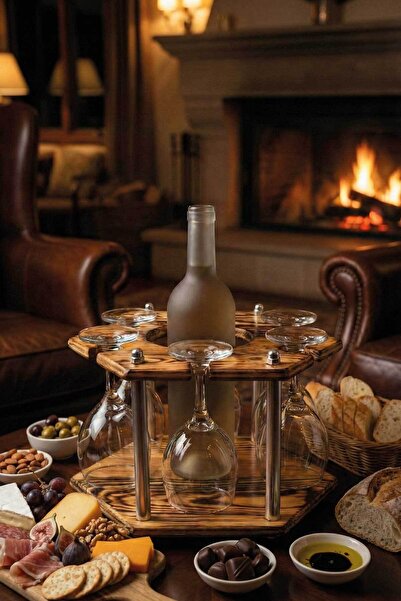 MiniVagon Doğal Ahşap Şişelik Kadehlik Standı 6'lı Rustik Çam Dekoratif Şarap...