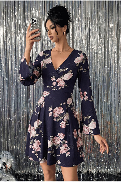 Avones Navy Blue Rose Patterned Stone Look Glitter Printed Lycra Viscose Dres...