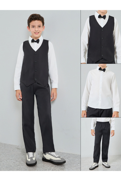 Styli Boys White Shirt with Black Trousers and Waistcoat with Bow Set