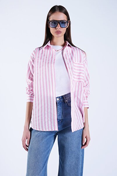 Trend Alaçatı Stili Women's pink single pocket thick striped poplin shirt alc...