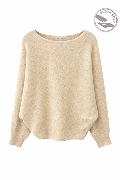 Mixray 7015 Women's Wool Blend Bat Sleeve Soft Texture Knitwear Sweater Beige