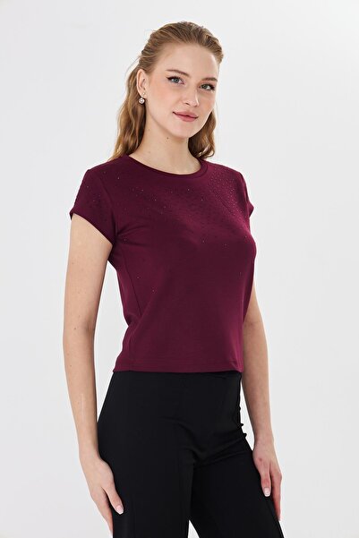 Sortie Women's Spliced Stone Crew Neck Modal Fabric Burgundy Color Basic Tshirt