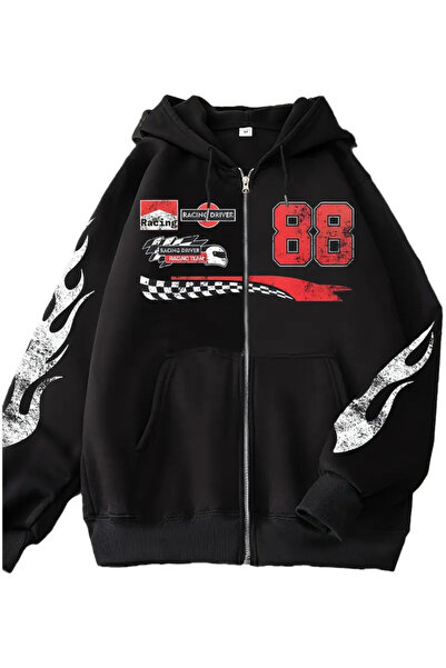 AZIZI TEKSTIL Ζακέτα με στάμπα Oversize Μαύρη Unisex με κουκούλα με φερμουάρ