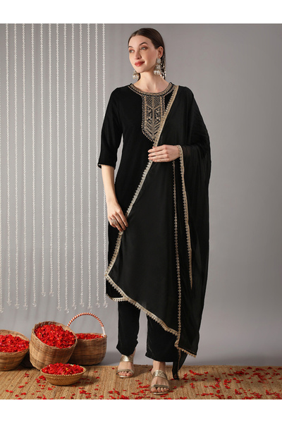 Globus By Styli Women Black Round Neck Embroidered Straight Kurta with Pant a...