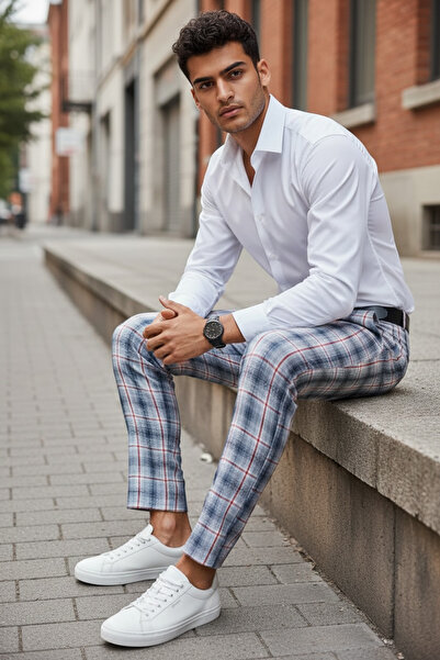 dehaine Men's casual pants, plaid, Slim Fit, Gray, B1937